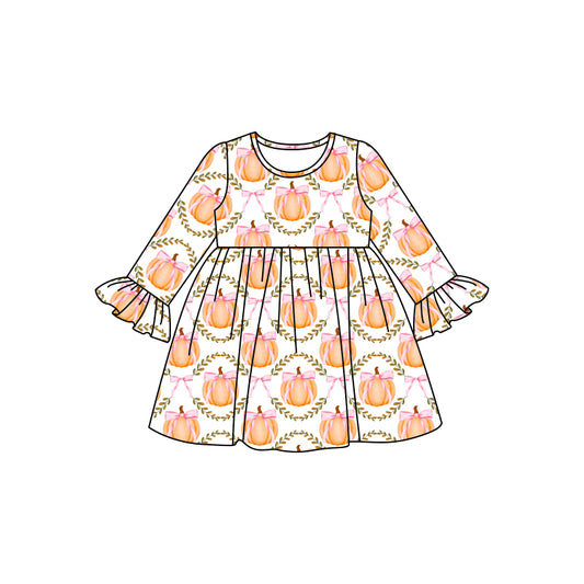 8.2 custom each style moq 5eta 4-6week baby girls clothes pumpkin bow long sleeve dress