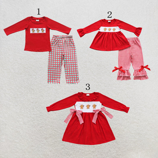 RTS Sibling Baby Girls Embroidery Hats Gingerbread Top Pants Christmas Dress Clothes Sets