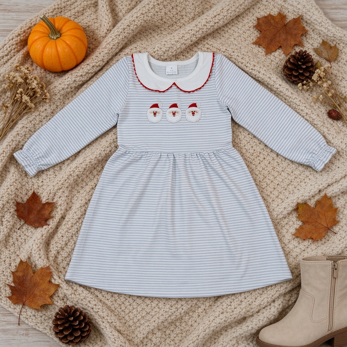NEW RTS NO MOQ milk silk GLD1673 Embroidery Baby Girls Cute Christmas Blue Stripe Santa Collar Print Knee Length Dress