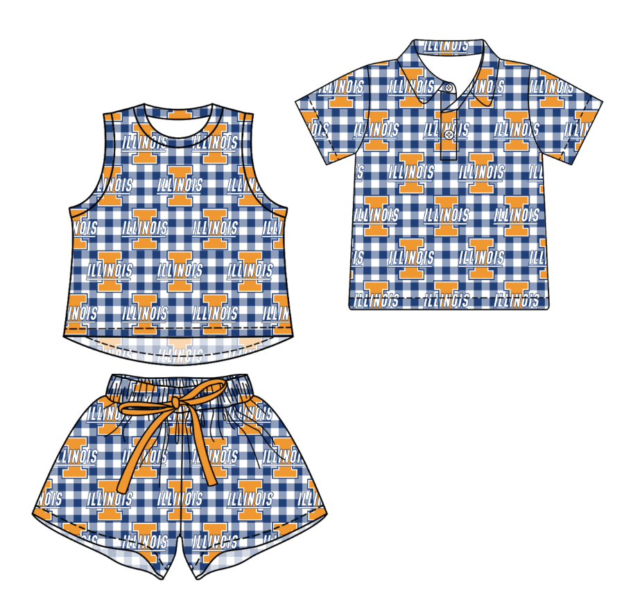 Custom moq 5 mix size milk silk summer teams Girls Sleeveless Navy Blue Checked Top And Short Sets Boys Checked Short Sleeve Button Polo Shirt Top