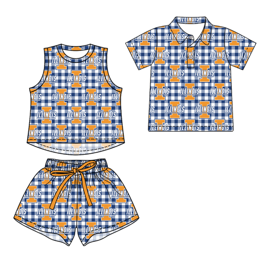 Custom moq 5 mix size milk silk summer teams Girls Sleeveless Navy Blue Checked Top And Short Sets Boys Checked Short Sleeve Button Polo Shirt Top