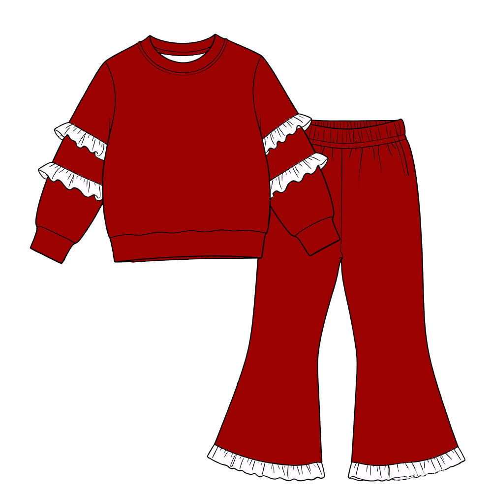 custom moq 5 cotton girls ruffle sets Baby girl's white ruffled red long-sleeve top and ruffled bell-bottom pants set
