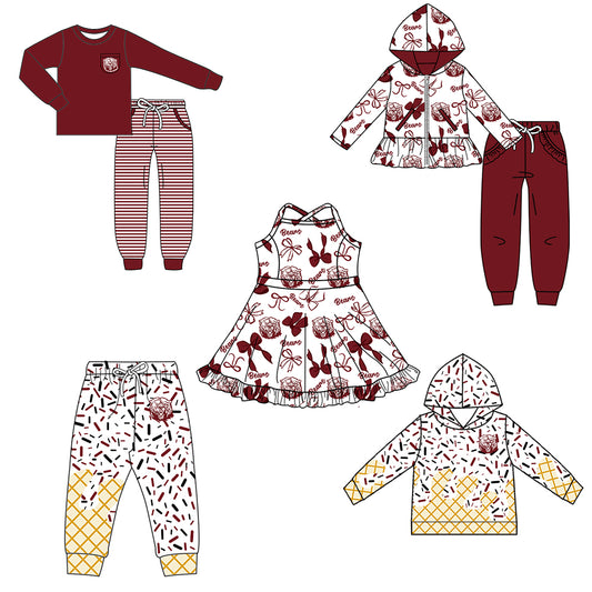 Custom moq 5 mix size milk silk summer teams baby girls clothes bow brick red hooded long sleeve pants sets and boy sets and dress and hooded top and pant-25.8.14