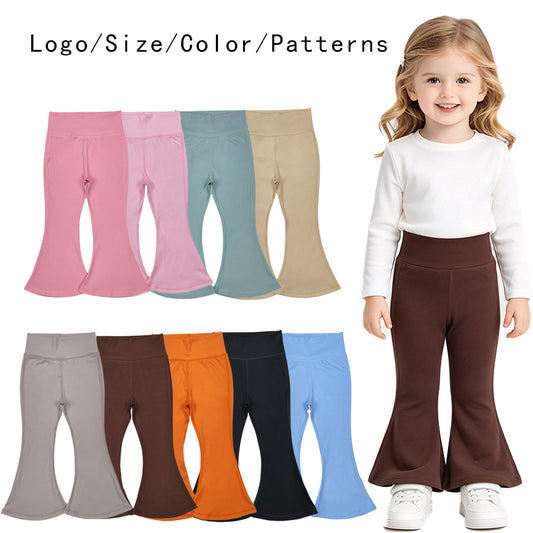 RTS NO MOQ Sibling yoga fabric cotton Baby Girls Solid Color Yoga Wear Bell Bottom Pants