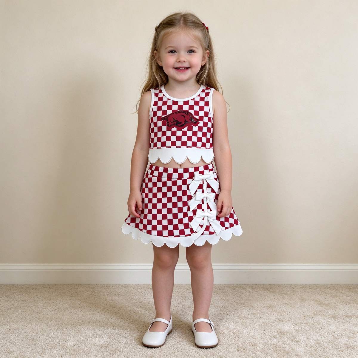 NEW RTS NO MOQq yoga fabric GSD4286 Yoga Baby Girls Checked Bows Scallop Trim Skirt Short Yoga Team Set
