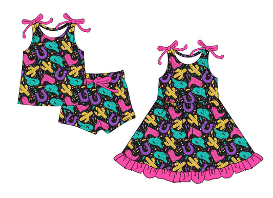 4.11 custom each style moq 5eta 4-6week Sibling Sister hat boot catcus baby girl short sleeve shorts sets and dresses match design