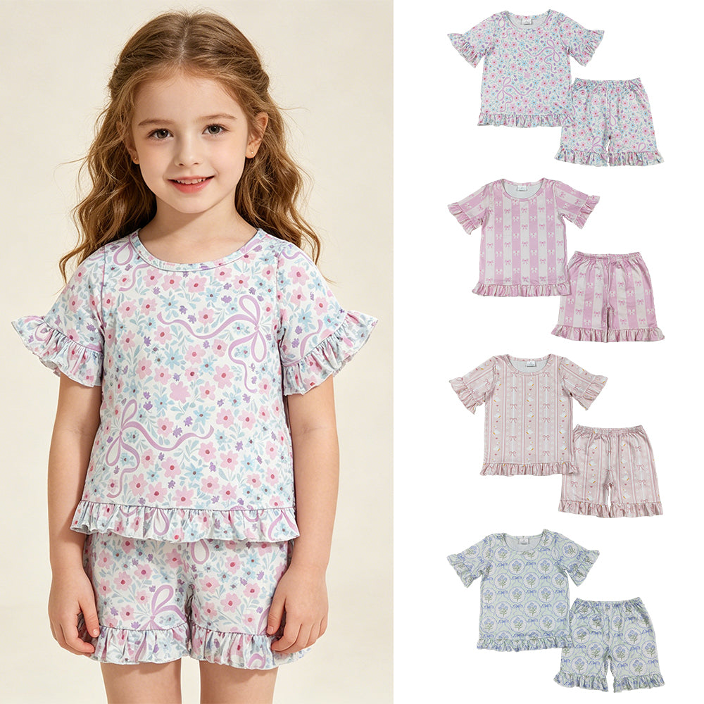 RTS NO MOQ Sibling Baby Girls Stripe Print Top Bows Ruffle Shorts Sleepwear Set