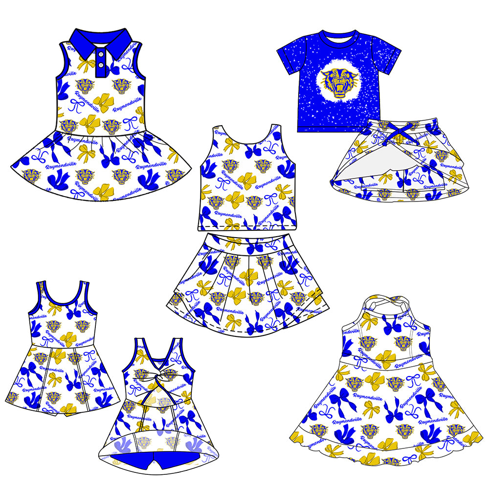 Custom moq 5 mix sizes summer teams baby girls clothes team blue short sleeve skirts shorts sets 1 and skirts sets 2 and and skirts sets 2 and dress 1 and dress 2 and dress 3 and dress 4-25.6.11
