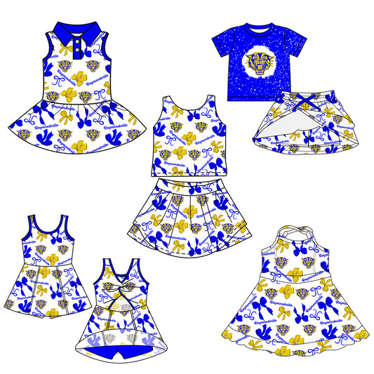 Custom moq 5 mix sizes summer teams baby girls clothes team blue short sleeve skirts shorts sets 1 and skirts sets 2 and and skirts sets 2 and dress 1 and dress 2 and dress 3 and dress 4-25.6.11