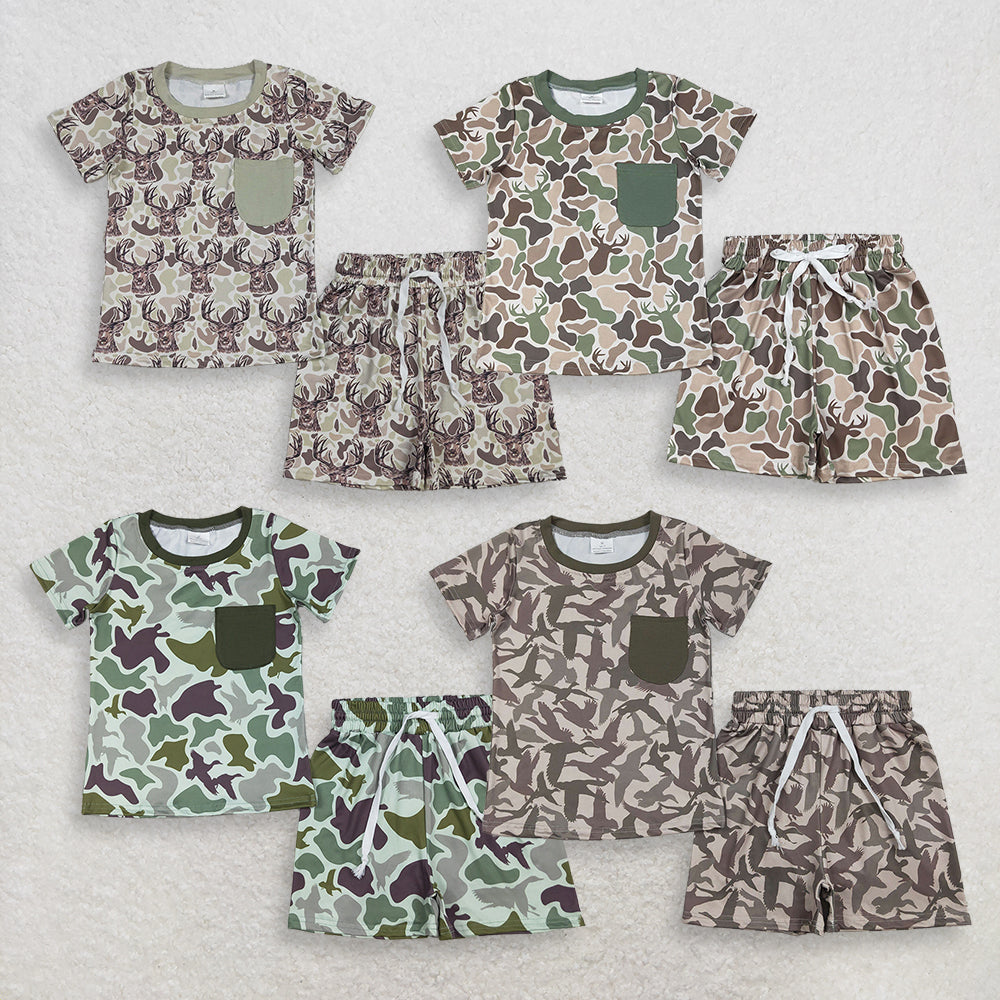 RTS NO MOQ Sibling Baby Boys Camouflage Pajamas Set with Pocket Top And Shorts Hunting Sleepwear for Infants