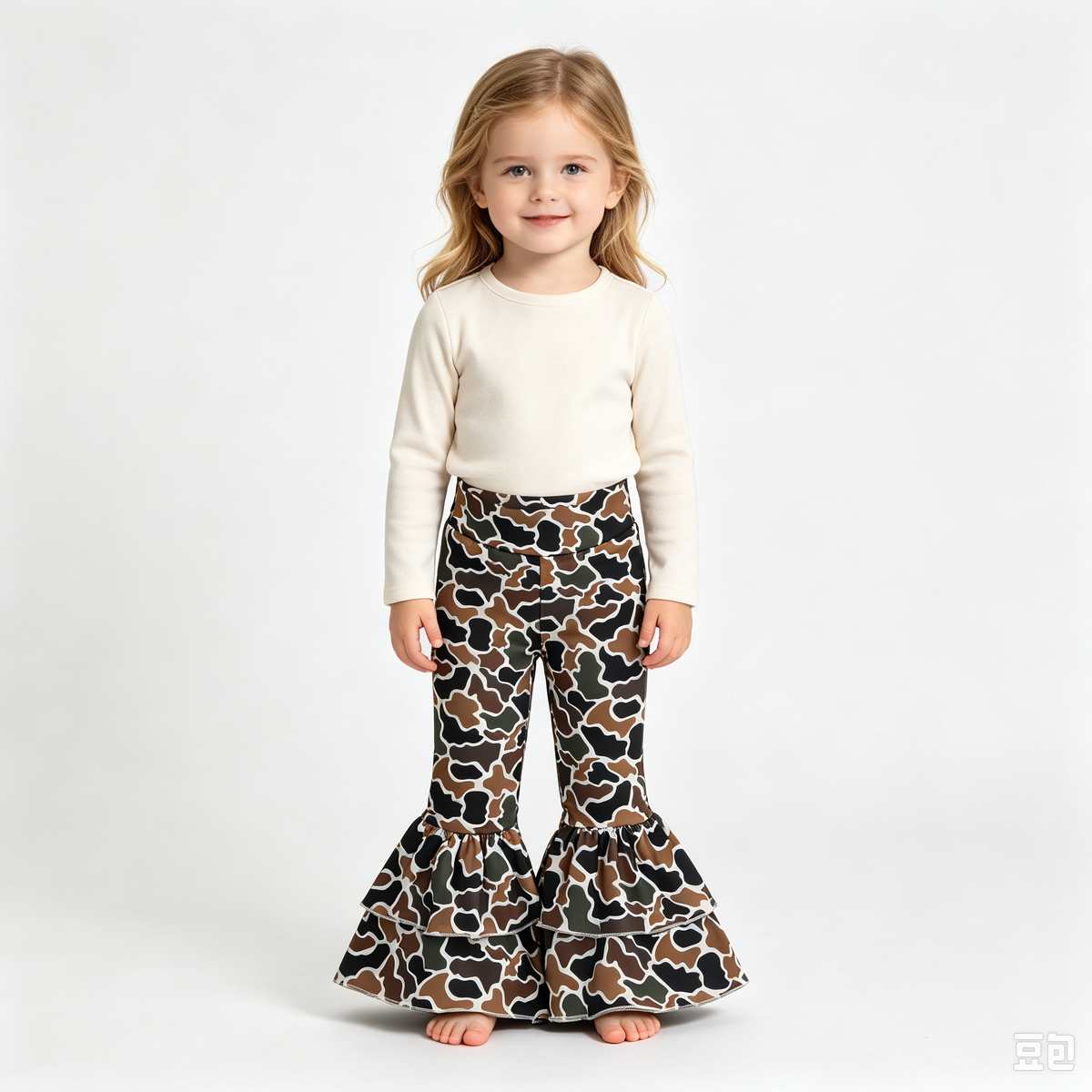 RTS NO MOQ Sibling yoga fabric Baby Girls Camo Print Yoga Active Ruffle Bell Bottom Pants