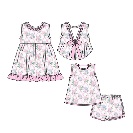 25.5.22 custom each style moq 5eta 4-6week Sibling Sister floral bow baby girl short sleeve shorts sets and dresses match design