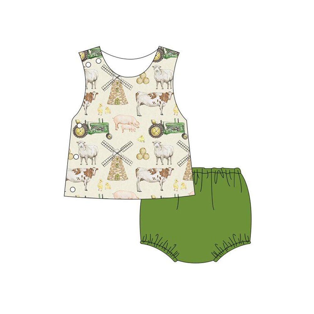 5.11custom each style moq 5eta 4-5week Sibling Sister Country style farm cattle and sheep prints green boys and girls outfits and baby romper match family design