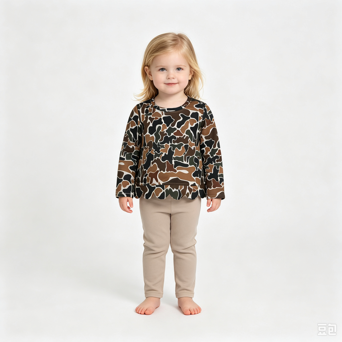 RTS NO MOQ Sibling milk silk Baby Girls Camo Print Scalloped Hem Long Sleeve Top
