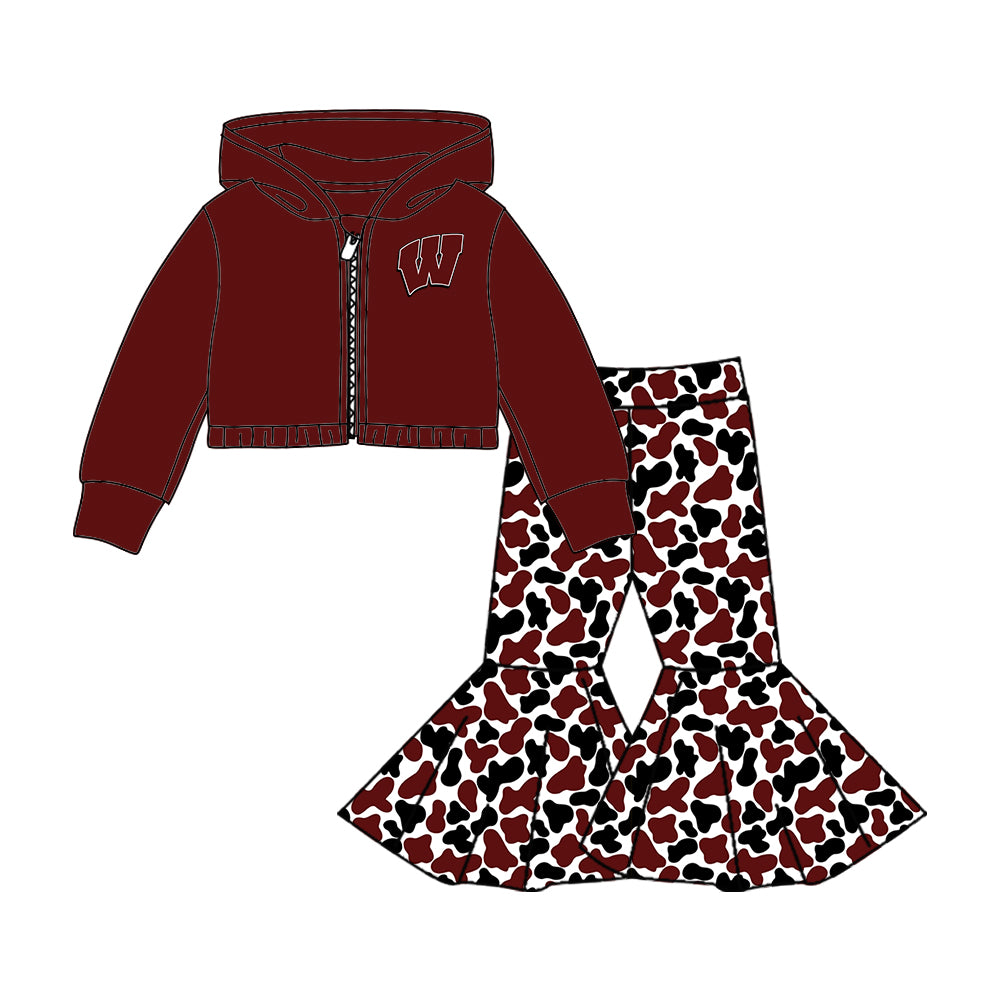 Custom moq 5 mix size milk silk summer teams baby girls clothes camouflage brick red hooded long sleeve pants sets 2 and boy pants sets and pant-25.8.7