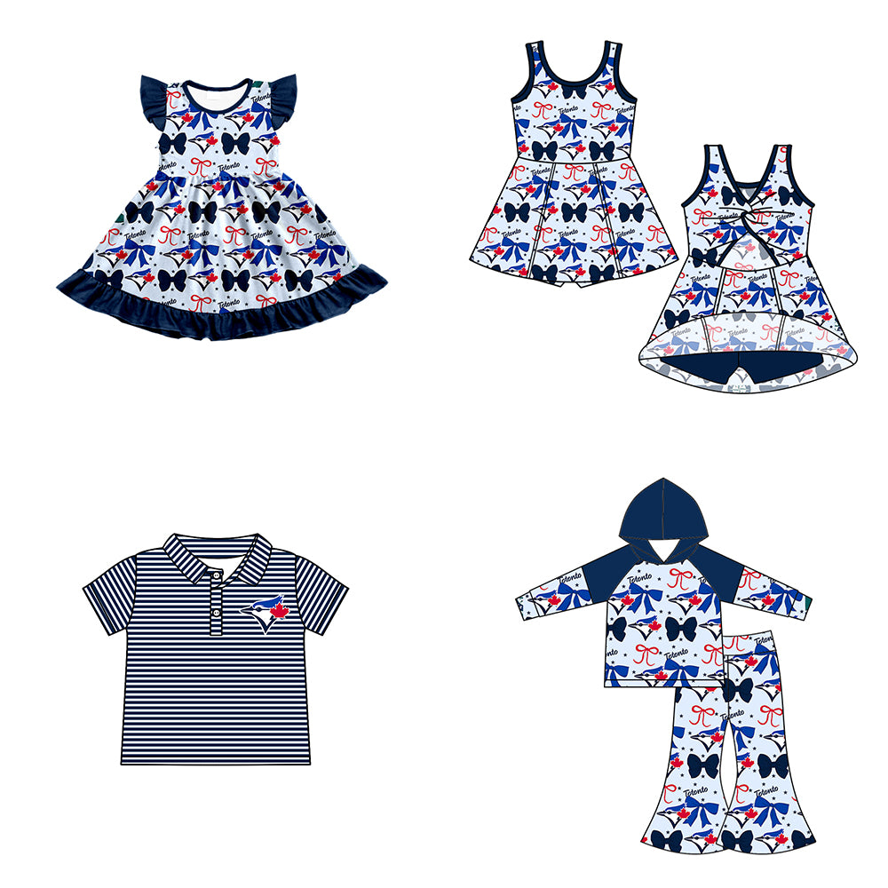 Custom moq 5 mix size milk silk summer teams baby girls clothes team bow blue long sleeve hooded pants sets and dress 1 and dress 2 and top-25.6.17