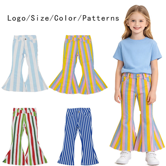 RTS NO MOQ Sibling Denim Baby Girls Casual Striped Bell Bottom Denim Trousers