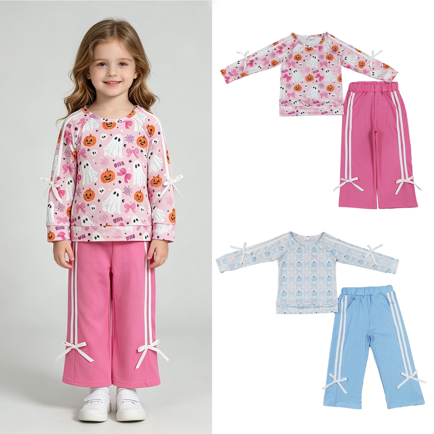 RTS NO MOQ Sibling milk silk Toddler Girls Ghost Pumpkin Print Top Matching Pocket Flare Pant Two Piece Halloween Clothes Set