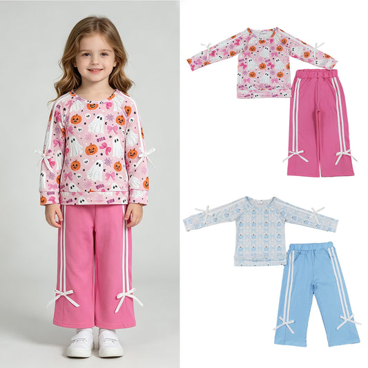RTS NO MOQ Sibling milk silk Toddler Girls Ghost Pumpkin Print Top Matching Pocket Flare Pant Two Piece Halloween Clothes Set