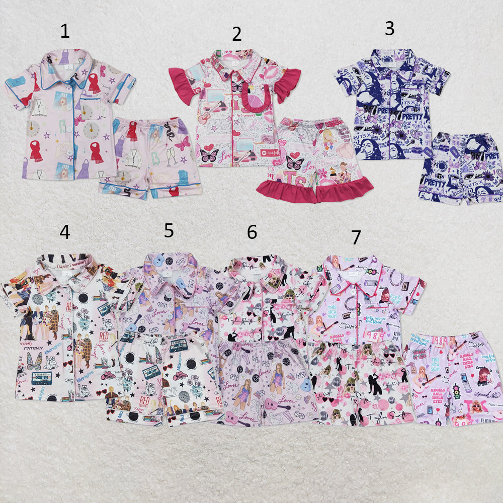 RTS NO MOQ Sibling milk silk Cute Clothes Baby Girls Pink Button Shirt Ruffle Shorts Pajama Set