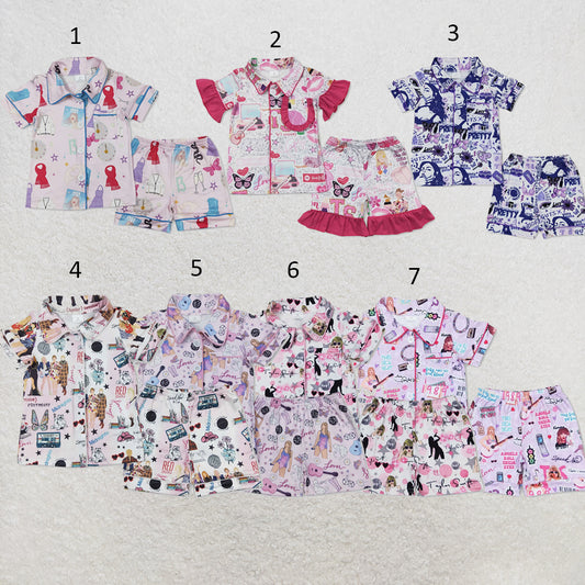 RTS NO MOQ Sibling milk silk Cute Clothes Baby Girls Pink Button Shirt Ruffle Shorts Pajama Set