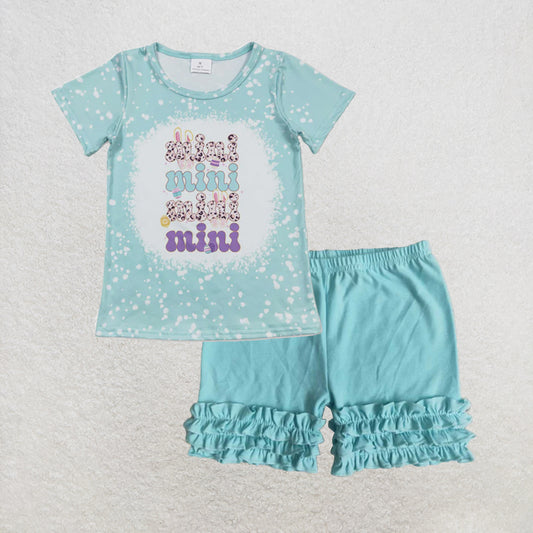 RTS NO MOQ milk silk GT0448+C15-28 Baby Girls Easter Mini Blue Short Sleeve Tee Shirts Tops Ruffle Shorts Set