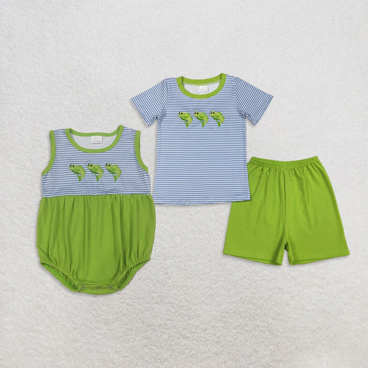 RTS NO MOQ Sibling milk silk  Embroidery Fishes Baby Boys Short Sleeve Stripe Top Short Hunting Clothes Sets Romper