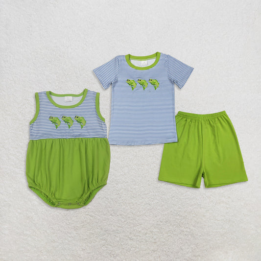 RTS NO MOQ Sibling milk silk  Embroidery Fishes Baby Boys Short Sleeve Stripe Top Short Hunting Clothes Sets Romper