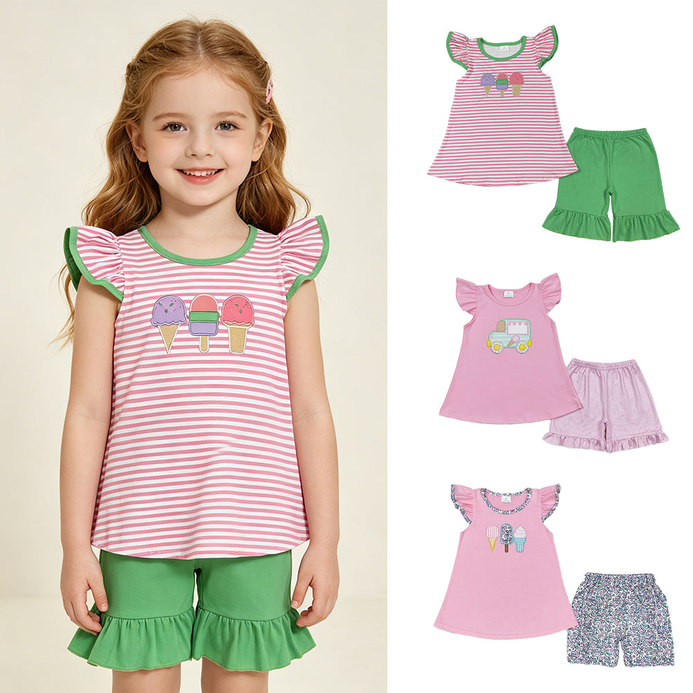 RTS NO MOQ Sibling Baby Girls Pink Flutter Sleeve Tunic with Shorts Clothing Set Cute Baby Outfit
