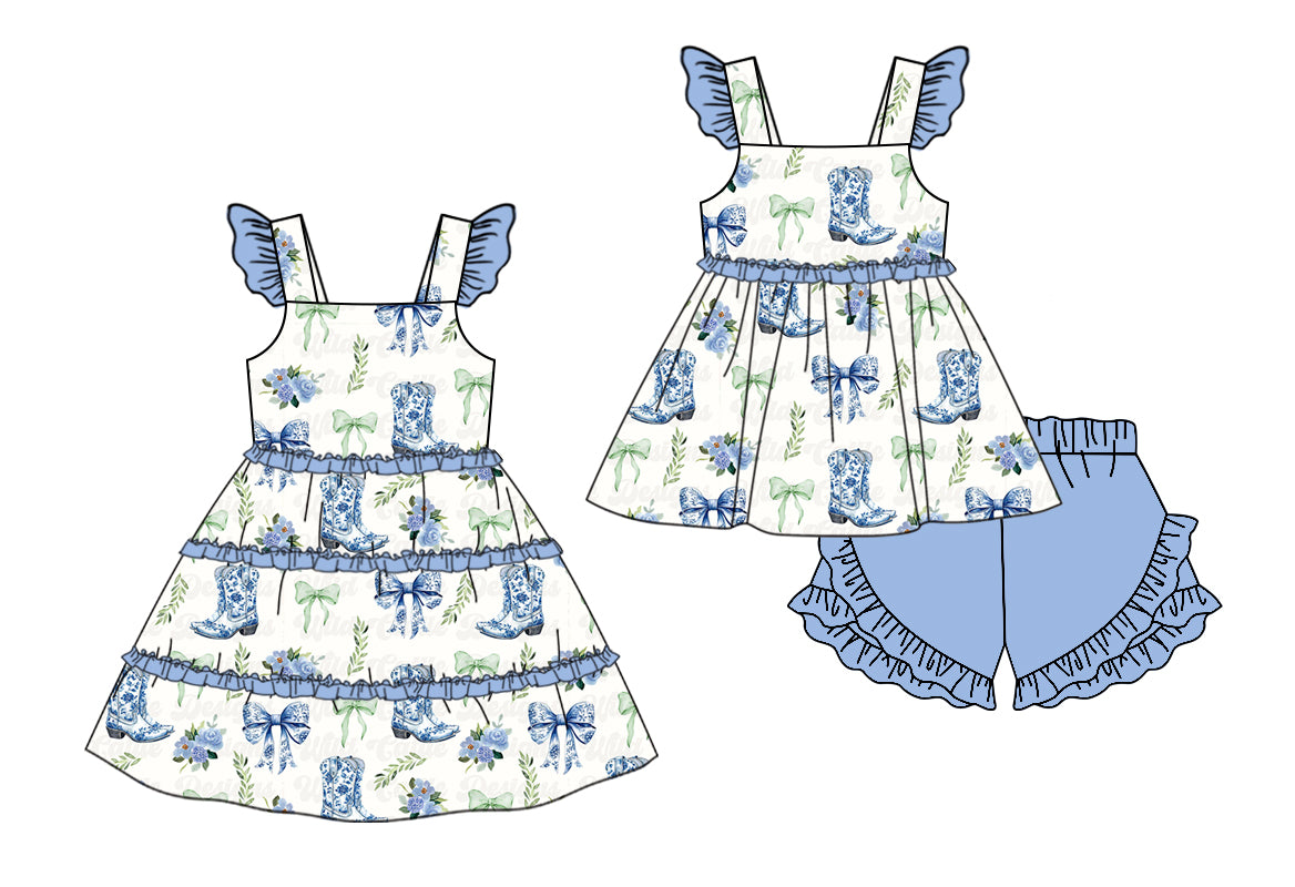 4.2 custom each style moq 5eta 4-6week Sibling Sister boot bow baby girl short sleeve shorts sets and dresses match design