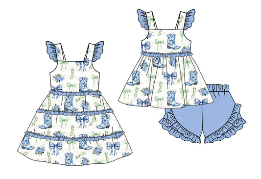 4.2 custom each style moq 5eta 4-6week Sibling Sister boot bow baby girl short sleeve shorts sets and dresses match design