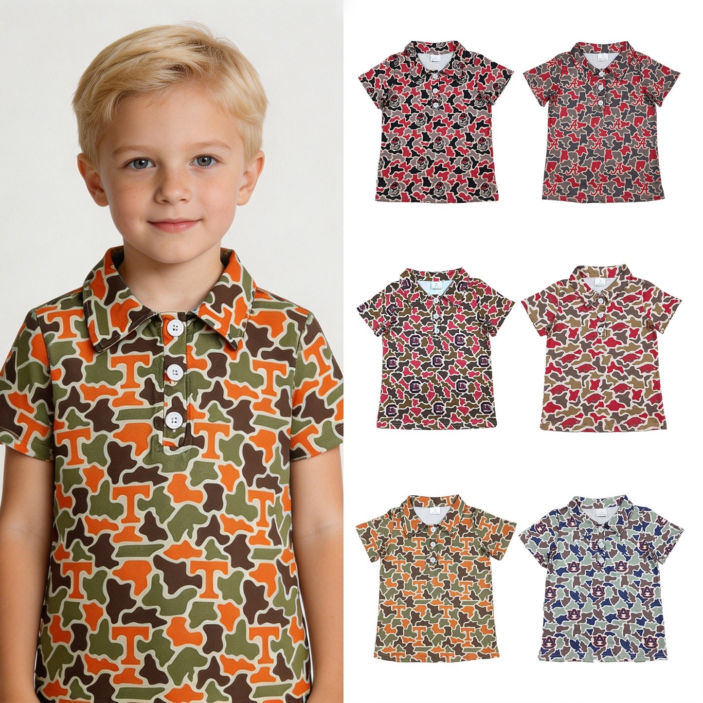 RTS NO MOQ Sibling milk silk Baby Boys Short Sleeve Southern Camo Collared Button Polo Shirts