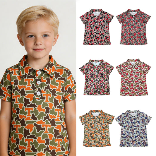 RTS NO MOQ Sibling milk silk Baby Boys Short Sleeve Southern Camo Collared Button Polo Shirts