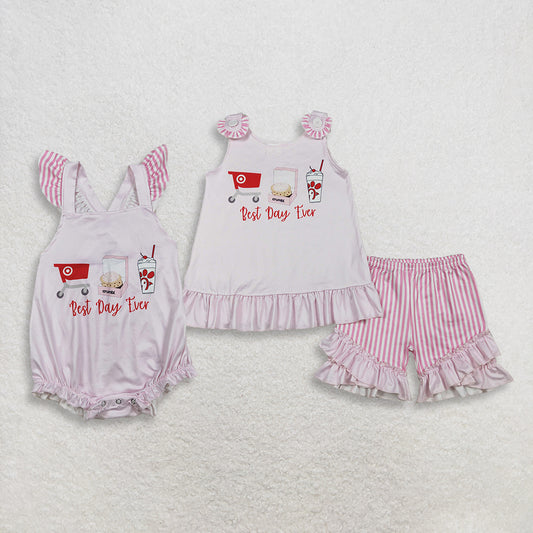 RTS NO MOQ Sibling Cute Clothes Baby Girl Pink Sleeveless Top And Shorts Outfit Rompers Summer Set