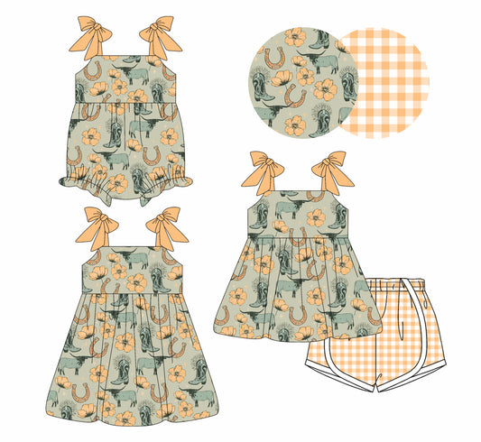4.3 custom each style moq 5eta 4-6week Sibling Sisters cow boot floral baby girl short sleeve shorts sets and dress and rompers match family design