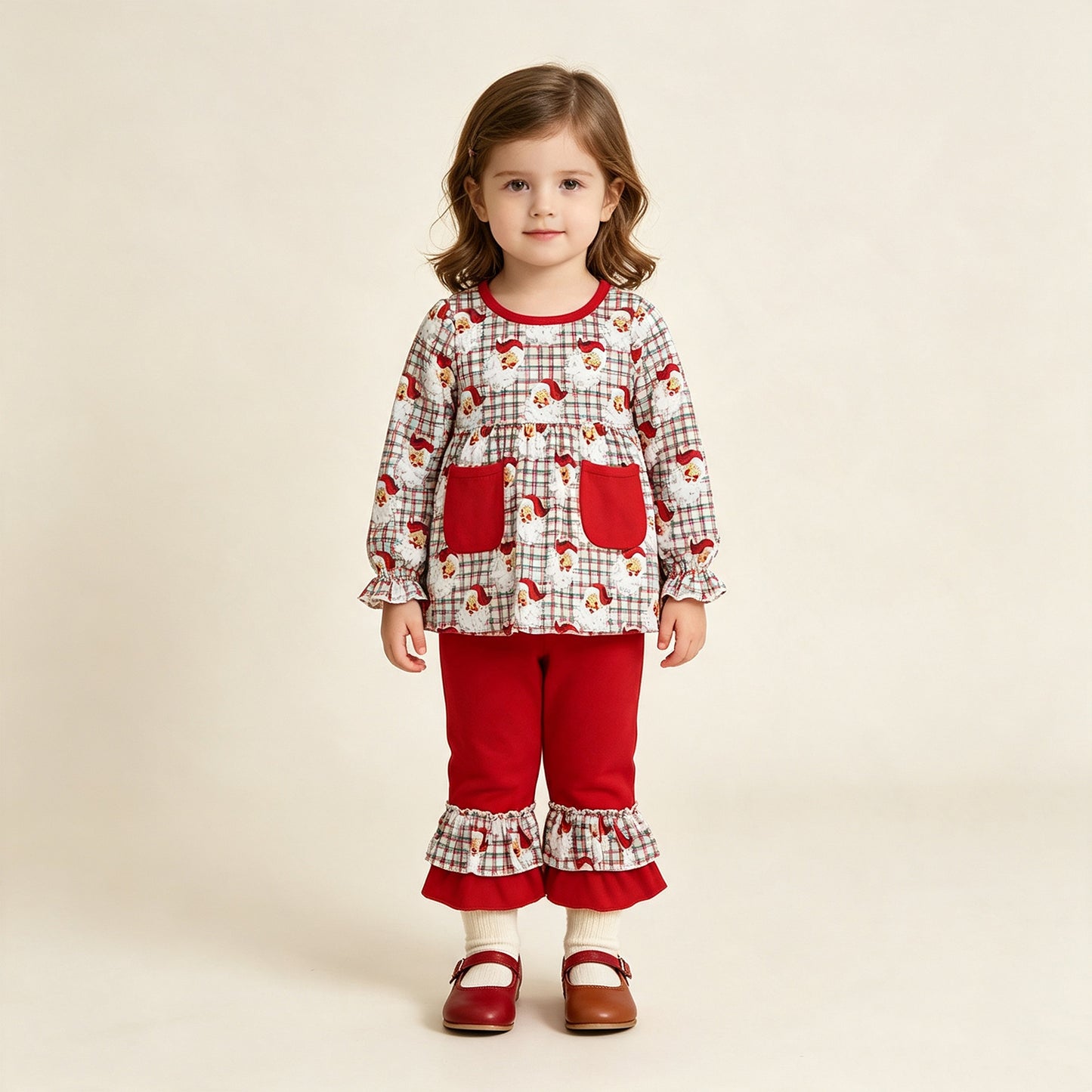 NEW RTS NO MOQ milk silk GLP3457 Baby Girls Red Green Checked Santa Print Pocket Long Sleeve Tunic Ruffle Pants Christmas Clothes Set