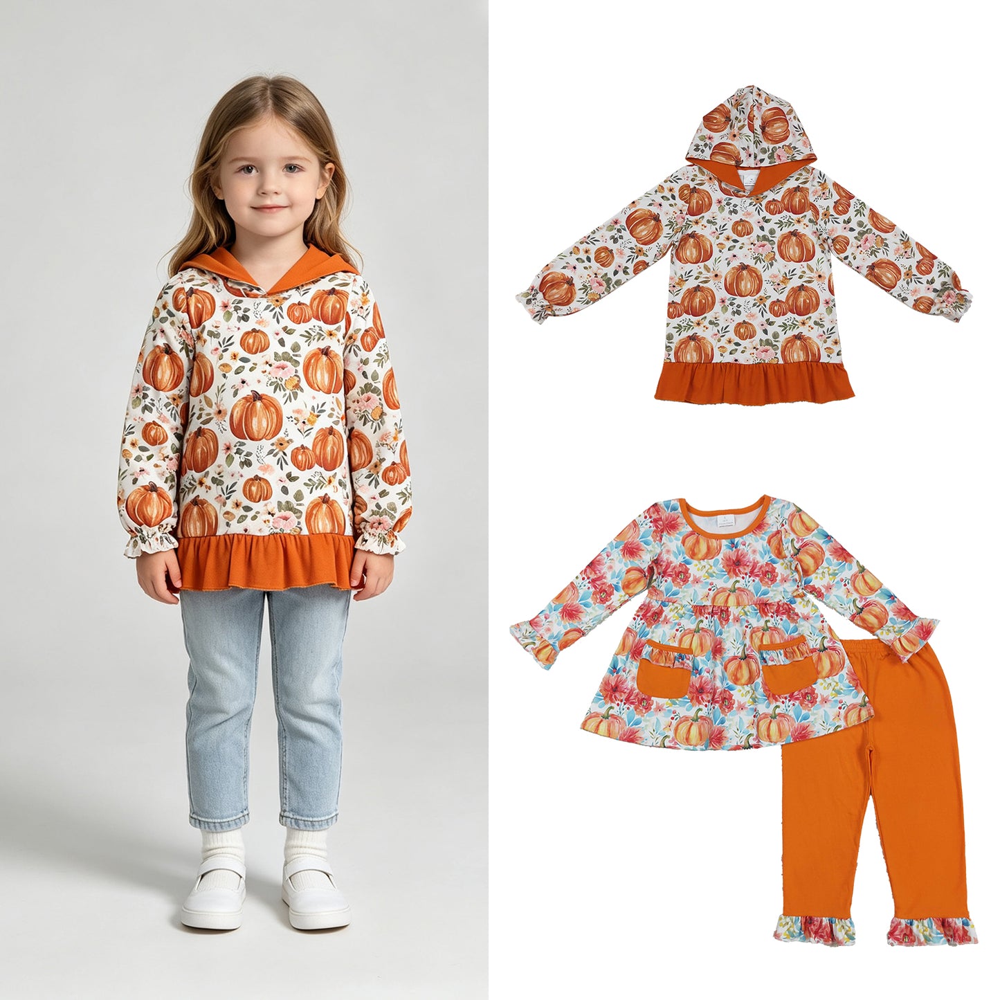 RTS NO MOQ Sibling milk silk Baby Girls Flowers Pumpkins Clothes Sets Hoodie
