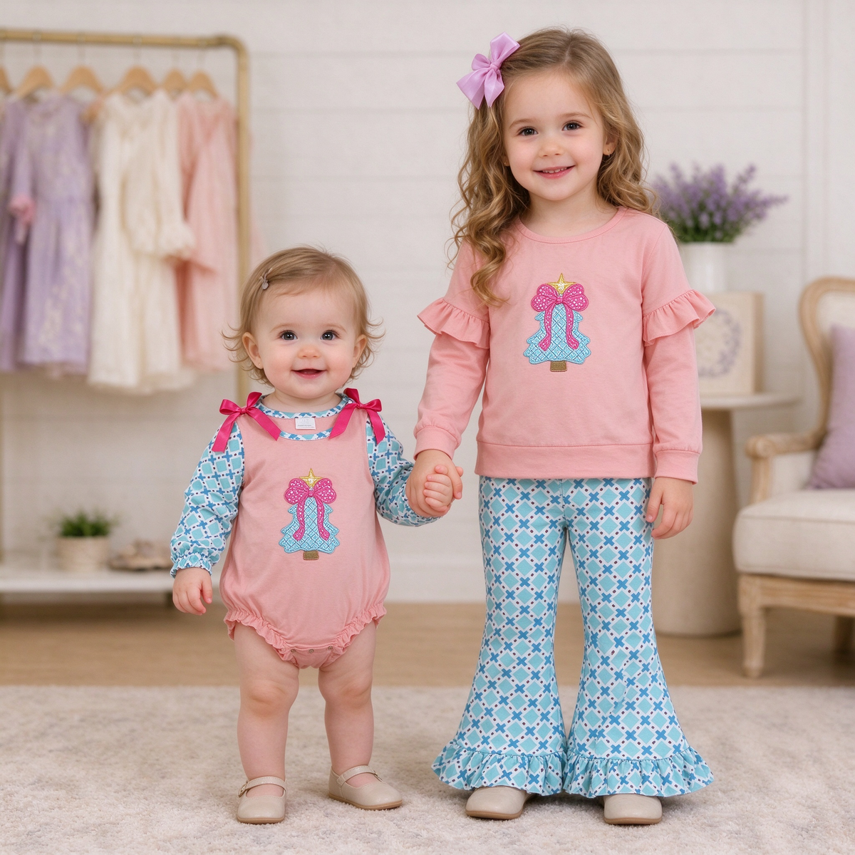 Baby Girls Christmas Embroidery Bow Trees Collection - Polka Dot Ruffle Pant Set & Romper