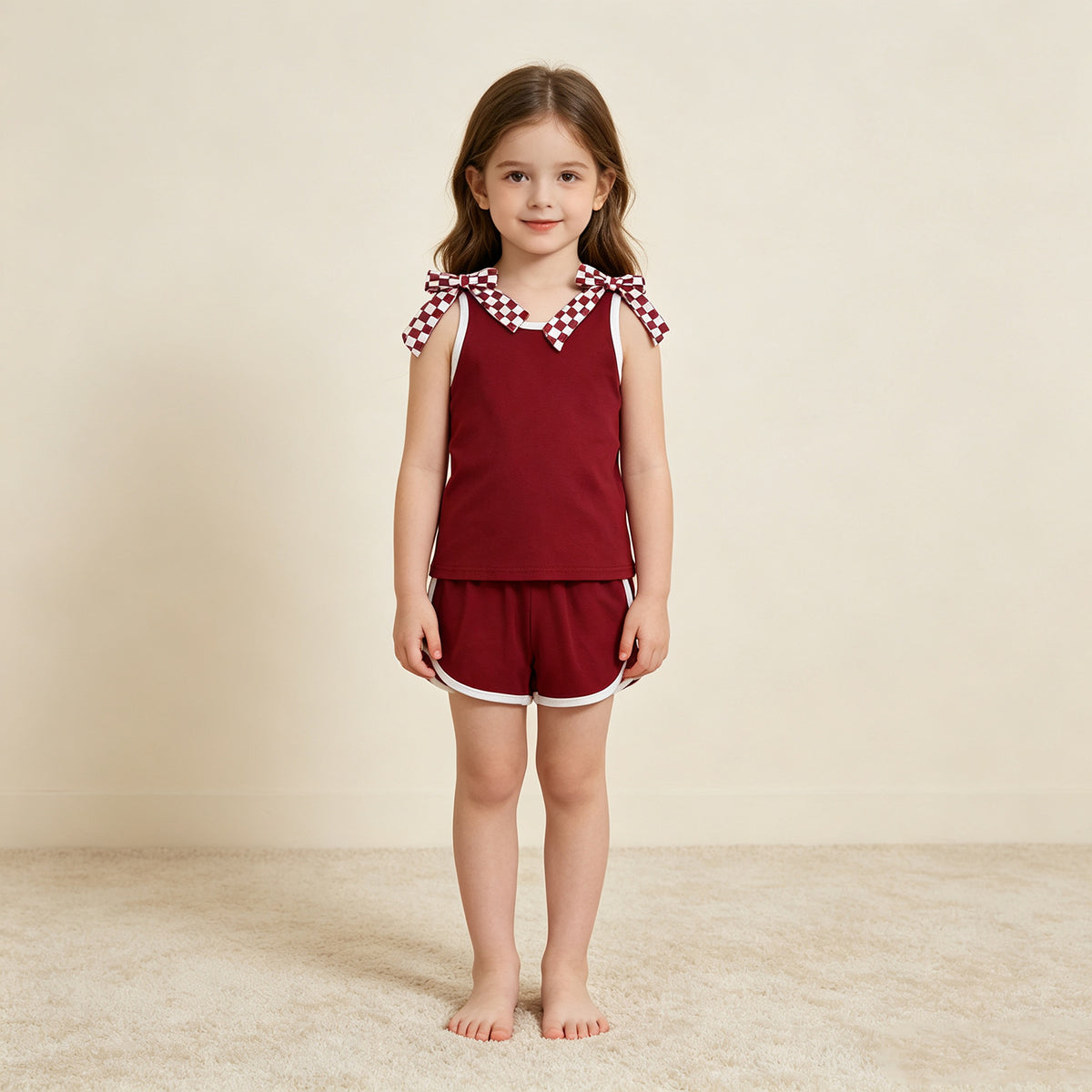 NEW RTS NO MOQ cotton GSSO3859 Baby Girls Maroon Checked Bows Sleeveless Vest Short Sets