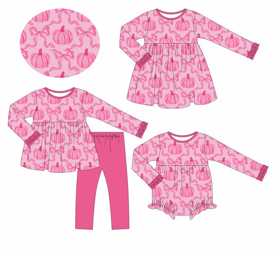 25.6.7 custom each style moq 5eta 4-6week Sibling Sisters pumpkin bow pink baby girl long sleeve pants sets and dress and rompers match family design