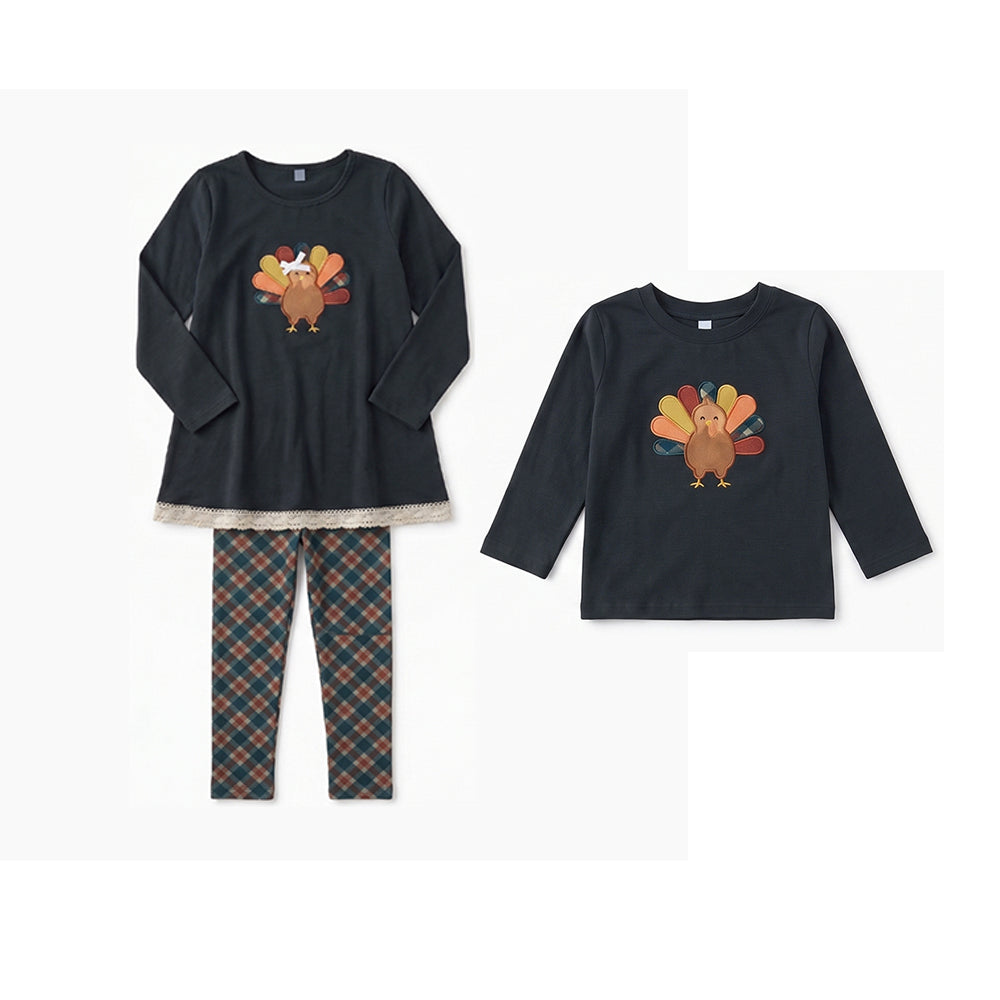(Preorder new) No moq Baby Girls Bow Turkey Tunic Checked Legging Thanksgivings Fall Holiday Clothes Set T-shirts Top