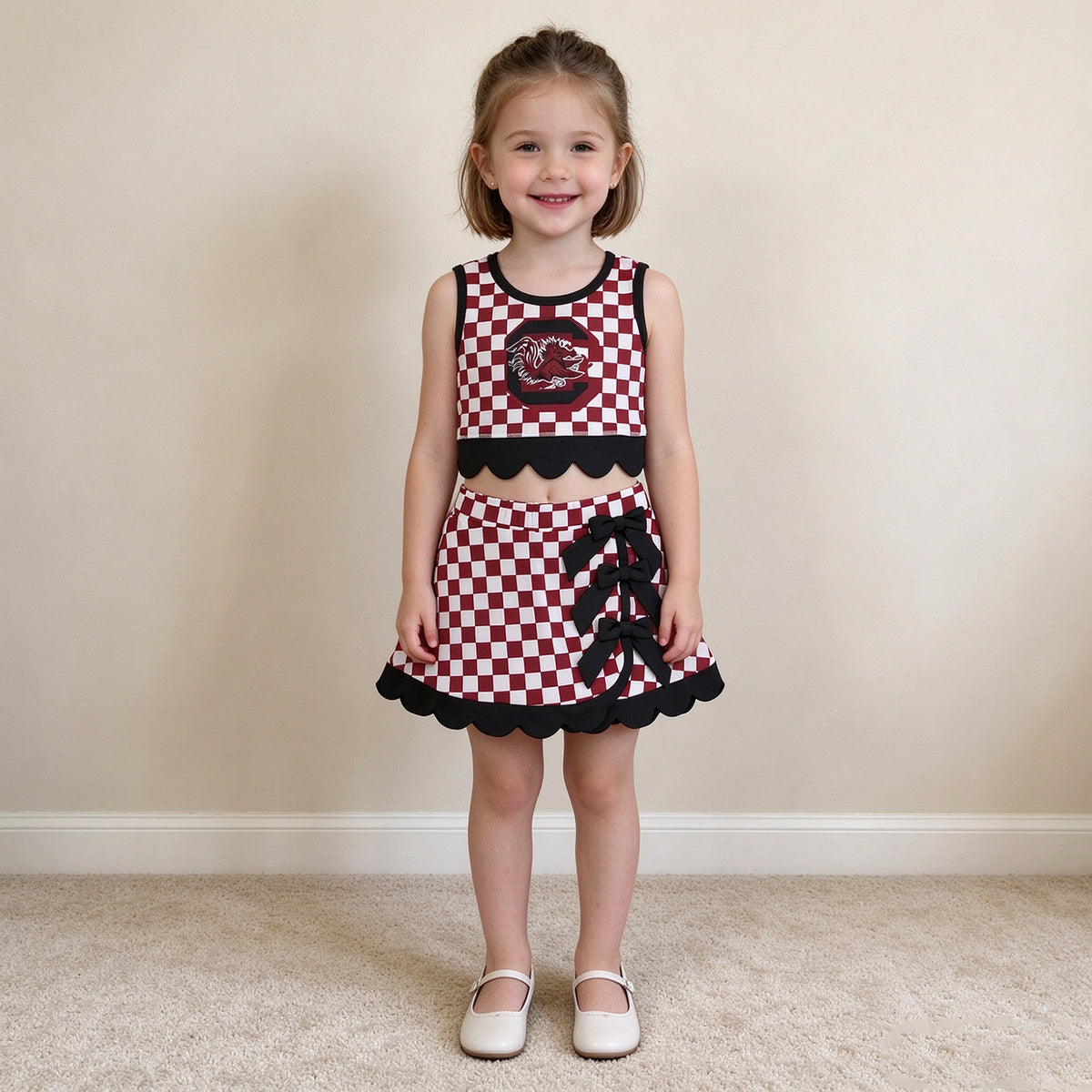 NEW RTS NO MOQq yoga fabric GSD4288 Yoga Baby Girls Maroon Checked Top Bows Skirt Short Scallop Team Set