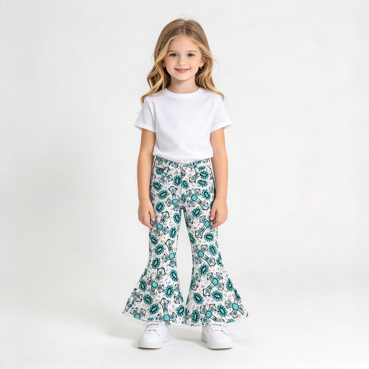 RTS NO MOQ Sibling Denim Baby Girls Western Turquoise Casual Bell Bottom Denim Pants