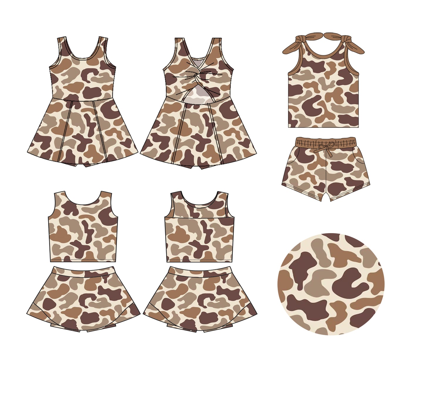 25.5.29 custom each style moq 5eta 4-6week Sibling Sister camouflage baby girl short sleeve shorts sets and skirts sets and dress match design