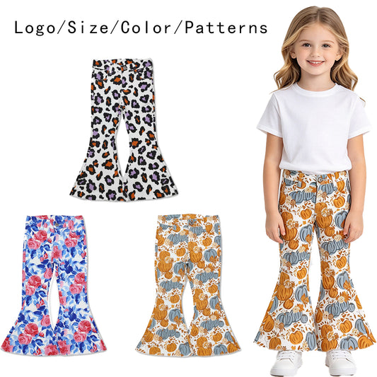 RTS NO MOQ Sibling Denim Baby Girls Leopard Floral And Pumpkin Print Bell Bottom Flare Pants