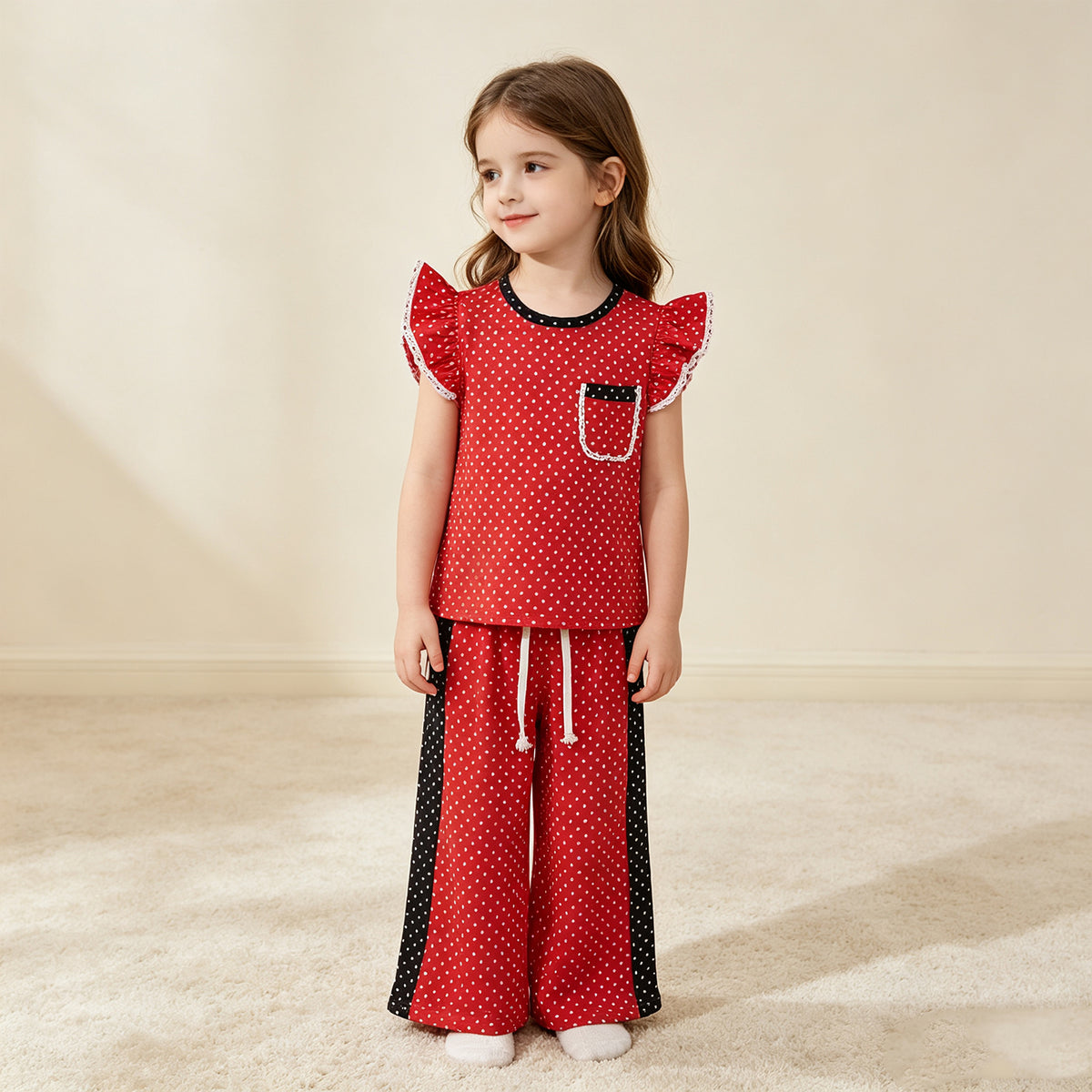 NEW RTS NO MOQ milk silk GSPO2370 Baby Girls Red Polka Dots Pocket Top Flare Pant Set Fall Casual Outfit