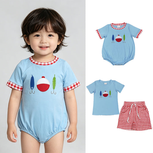 RTS NO MOQ Sibling Blue Short Sleeve Embroidery Fishing Baby Boys Top with Checked Pockets Shorts Set Rompers Hunting Clothes Set for Toddlers