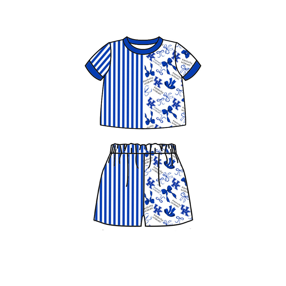 Custom moq 5 mix size milk silk summer teams Baby Blue Striped Bow Print Short Sleeve Top And Shorts Set