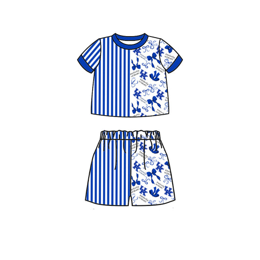 Custom moq 5 mix size milk silk summer teams Baby Blue Striped Bow Print Short Sleeve Top And Shorts Set