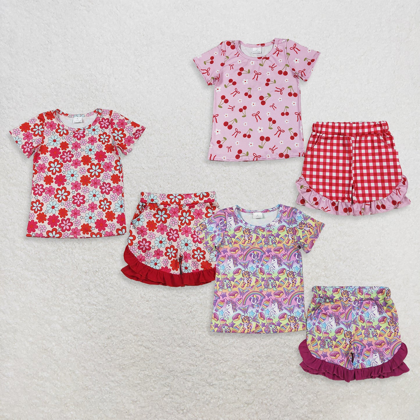 RTS NO MOQ Sibling Baby Girls Cute Colorful Flower Top Ruffle Shorts Casual Set